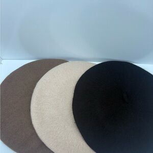 Set of Three Berets in Black, Cream, and Brown